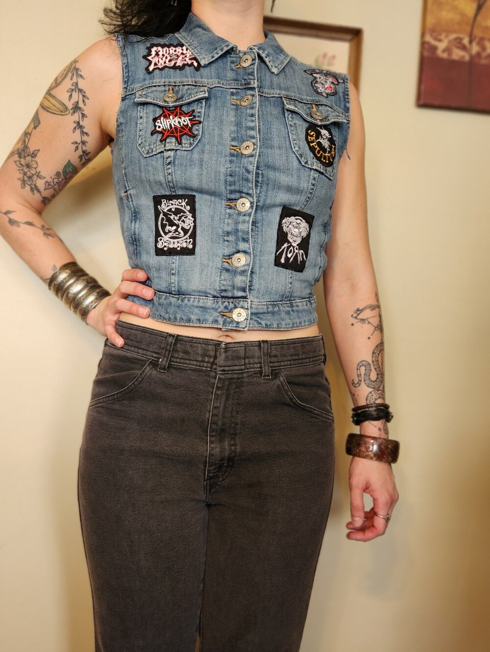 Custom Reworked Denim Metal Battle Vest Slipknot Gojira Sabbath Hard Rock Cafe